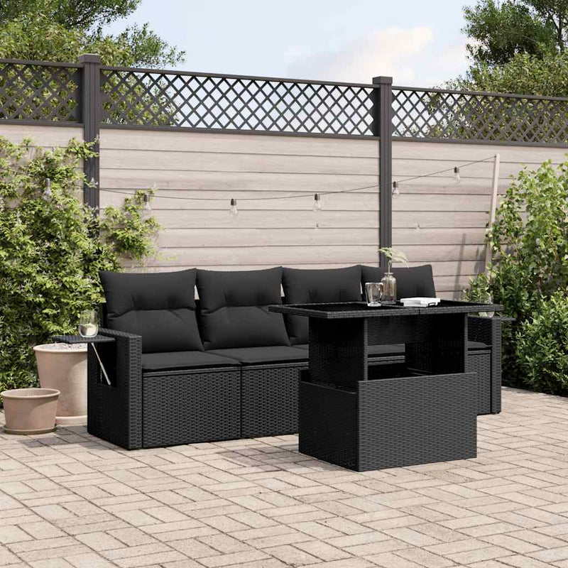 5 Piece Garden Sofa Set with Cushions Black Poly Rattan