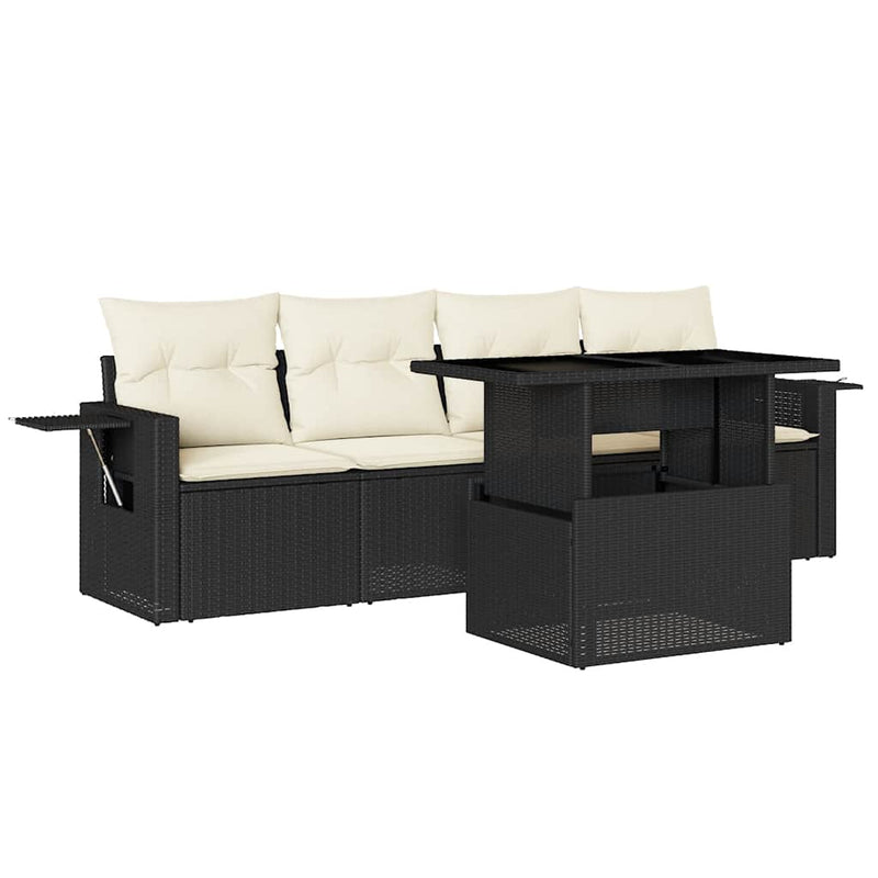 5 Piece Garden Sofa Set with Cushions Black Poly Rattan