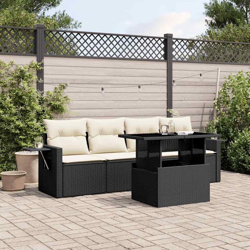 5 Piece Garden Sofa Set with Cushions Black Poly Rattan