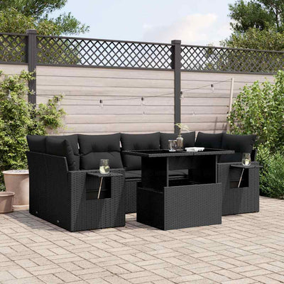 7 Piece Garden Sofa Set with Cushions Black Poly Rattan