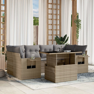 7 Piece Garden Sofa Set with Cushions Beige Poly Rattan