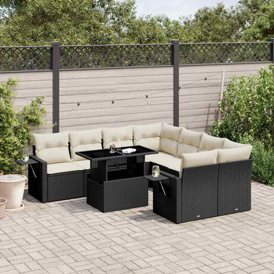 9 Piece Garden Sofa Set with Cushions Black Poly Rattan