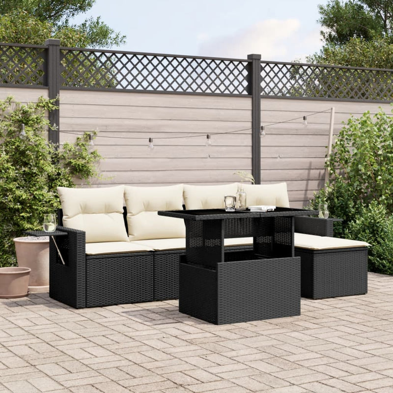 6 Piece Garden Sofa Set with Cushions Black Poly Rattan