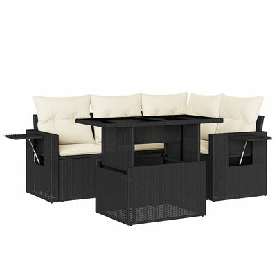 5 Piece Garden Sofa Set with Cushions Black Poly Rattan