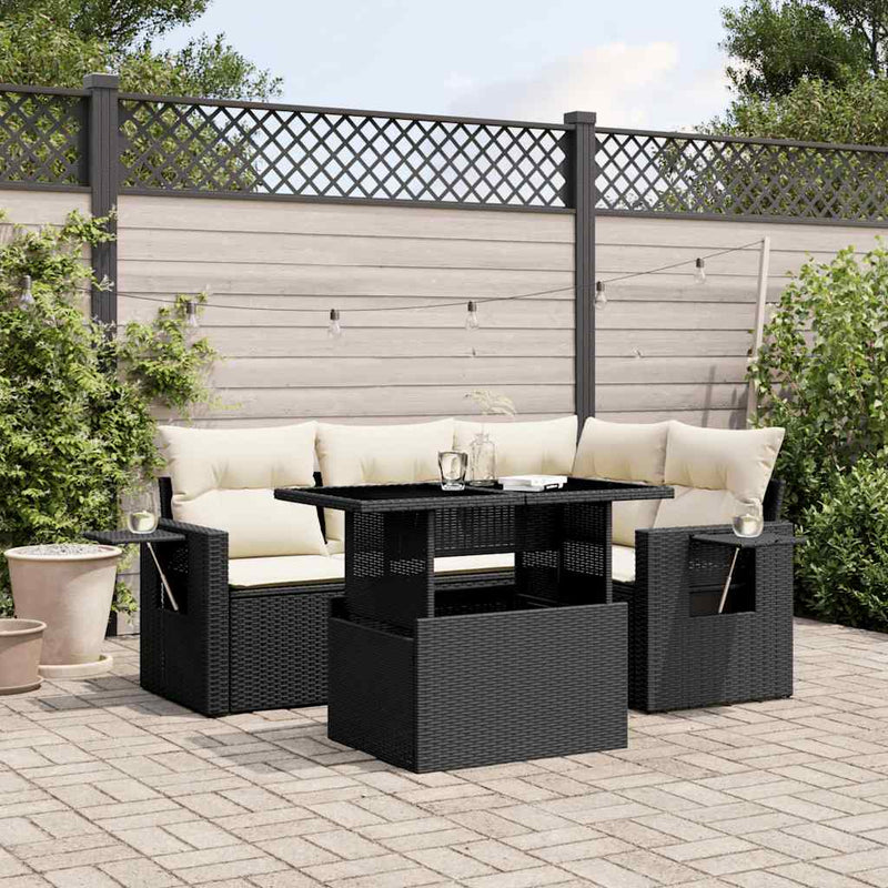 5 Piece Garden Sofa Set with Cushions Black Poly Rattan