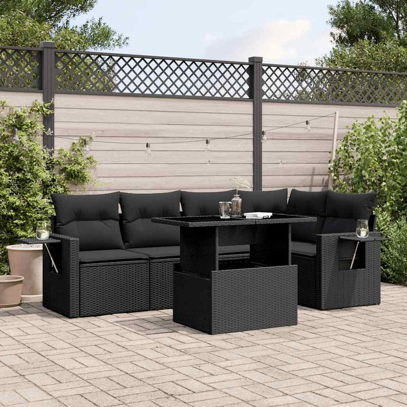 6 Piece Garden Sofa Set with Cushions Black Poly Rattan