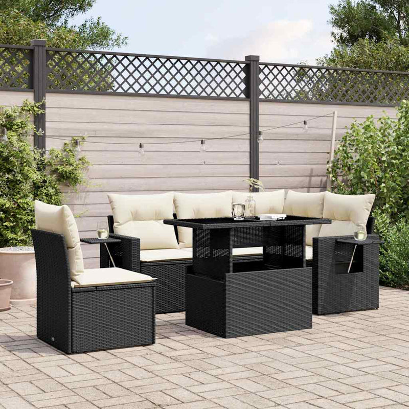 6 Piece Garden Sofa Set with Cushions Black Poly Rattan