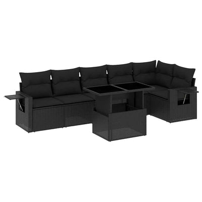 7 Piece Garden Sofa Set with Cushions Black Poly Rattan