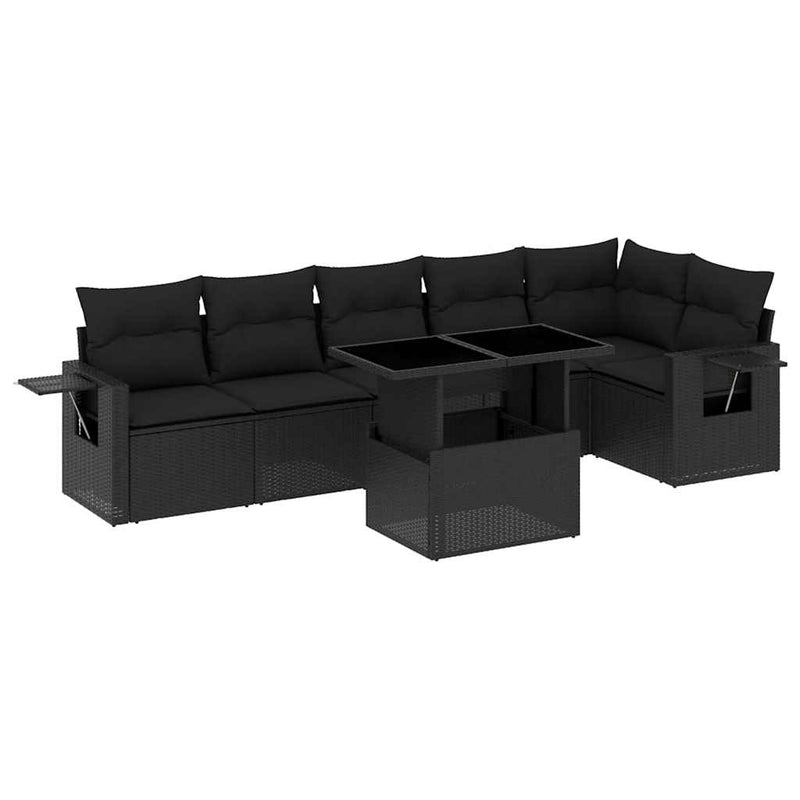 7 Piece Garden Sofa Set with Cushions Black Poly Rattan