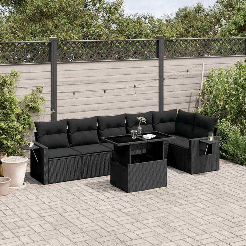 7 Piece Garden Sofa Set with Cushions Black Poly Rattan