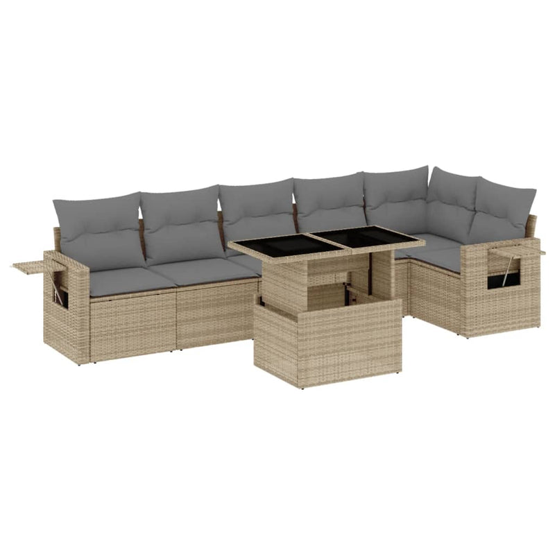 7 Piece Garden Sofa Set with Cushions Beige Poly Rattan