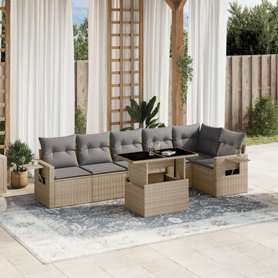 7 Piece Garden Sofa Set with Cushions Beige Poly Rattan