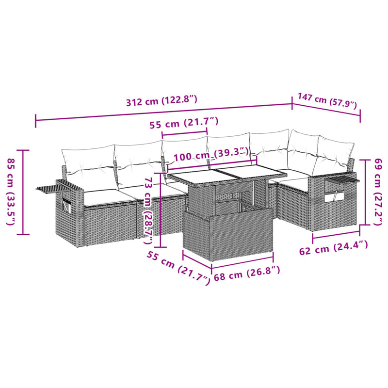 7 Piece Garden Sofa Set with Cushions Grey Poly Rattan