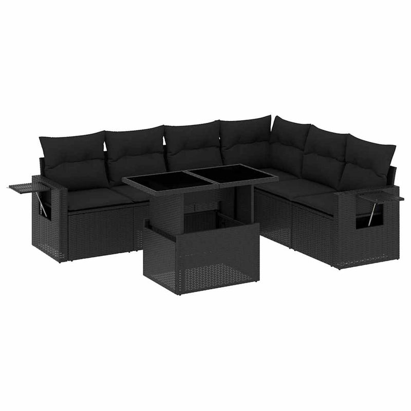 7 Piece Garden Sofa Set with Cushions Black Poly Rattan