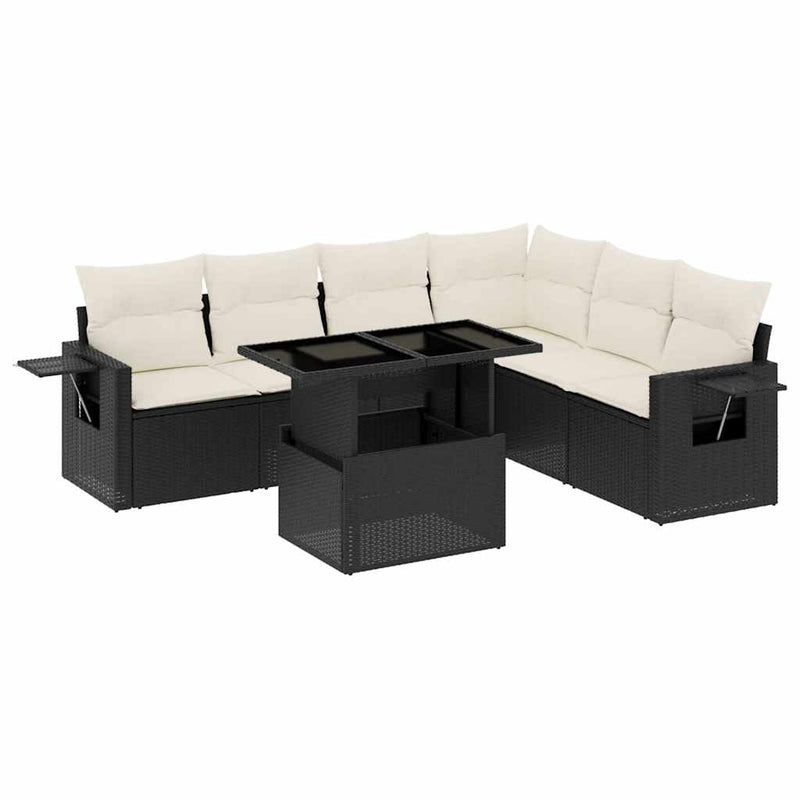 7 Piece Garden Sofa Set with Cushions Black Poly Rattan