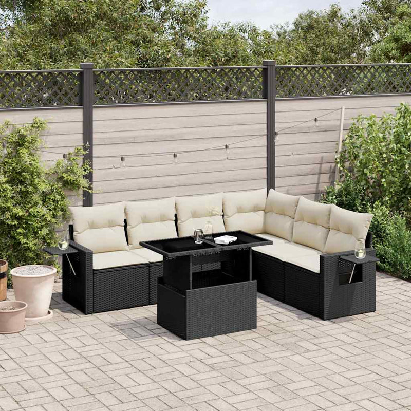 7 Piece Garden Sofa Set with Cushions Black Poly Rattan