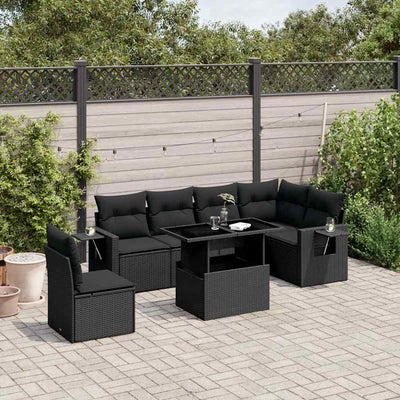 7 Piece Garden Sofa Set with Cushions Black Poly Rattan