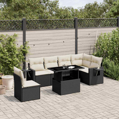 7 Piece Garden Sofa Set with Cushions Black Poly Rattan