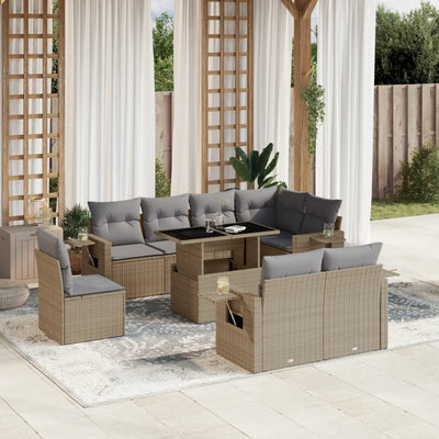 9 Piece Garden Sofa Set with Cushions Beige Poly Rattan