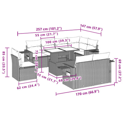 9 Piece Garden Sofa Set with Cushions Grey Poly Rattan