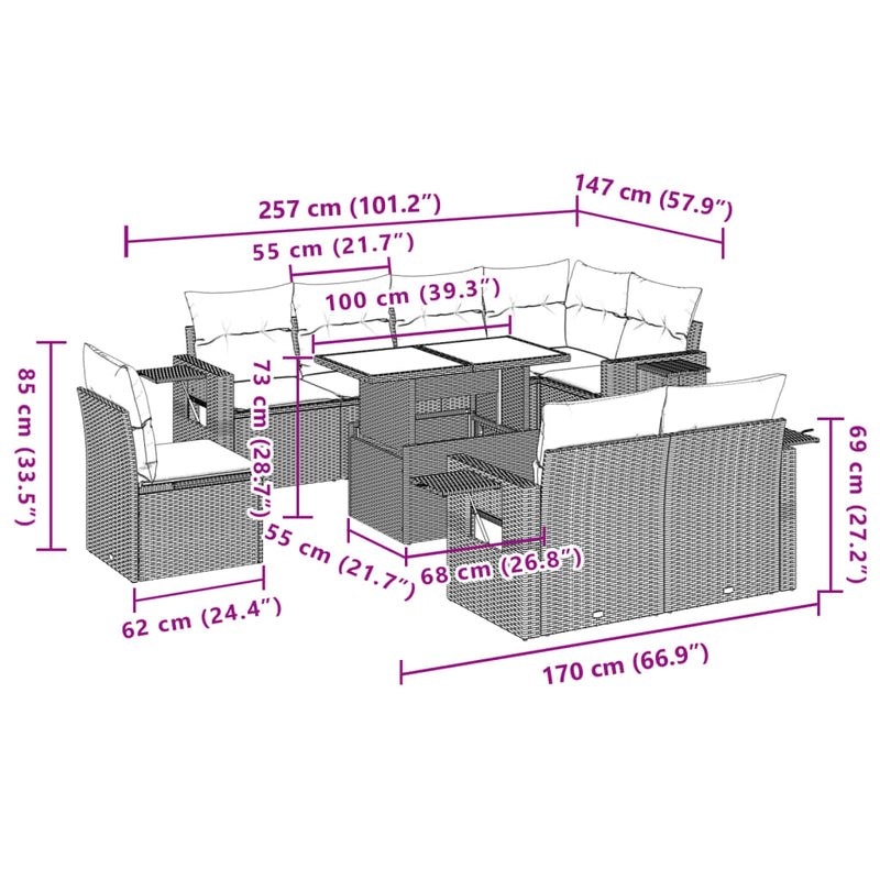 9 Piece Garden Sofa Set with Cushions Grey Poly Rattan