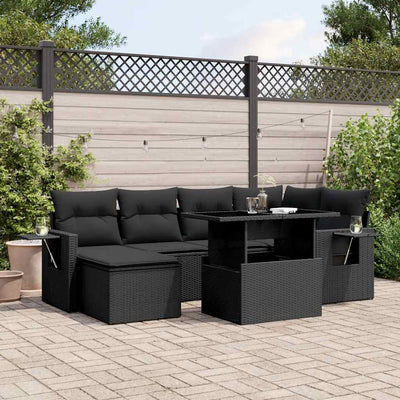 7 Piece Garden Sofa Set with Cushions Black Poly Rattan