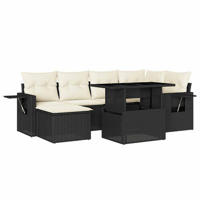 7 Piece Garden Sofa Set with Cushions Black Poly Rattan