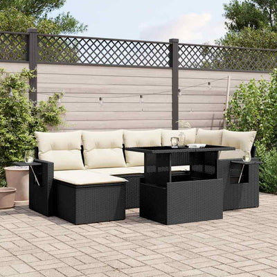 7 Piece Garden Sofa Set with Cushions Black Poly Rattan