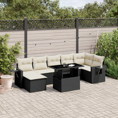 8 Piece Garden Sofa Set with Cushions Black Poly Rattan