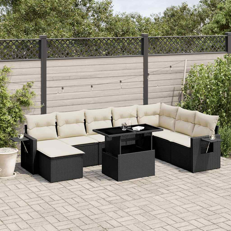 8 Piece Garden Sofa Set with Cushions Black Poly Rattan