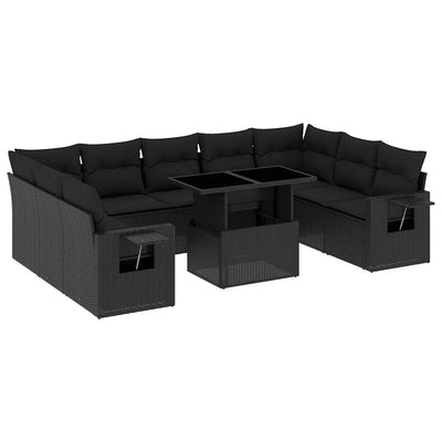 10 Piece Garden Sofa Set with Cushions Black Poly Rattan