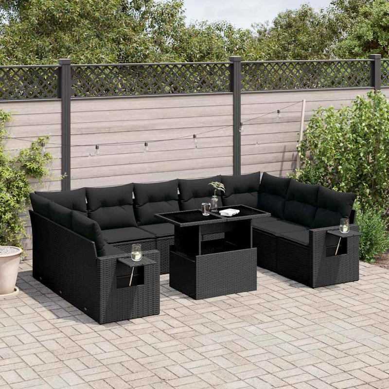 10 Piece Garden Sofa Set with Cushions Black Poly Rattan