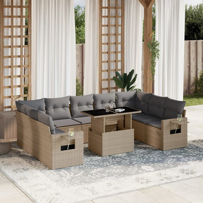 10 Piece Garden Sofa Set with Cushions Beige Poly Rattan