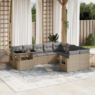 10 Piece Garden Sofa Set with Cushions Beige Poly Rattan