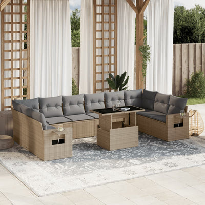 11 Piece Garden Sofa Set with Cushions Beige Poly Rattan