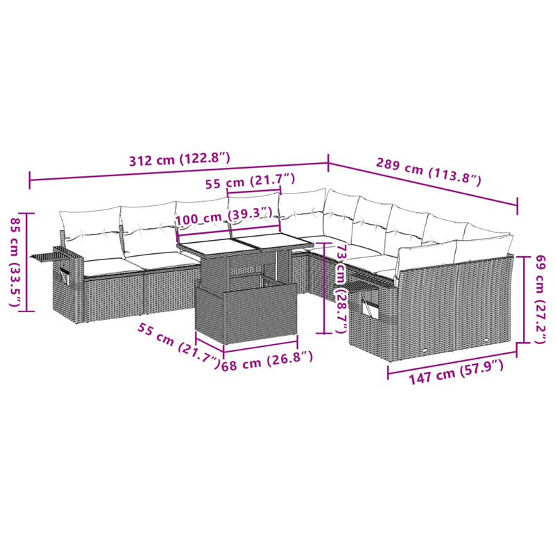 11 Piece Garden Sofa Set with Cushions Grey Poly Rattan