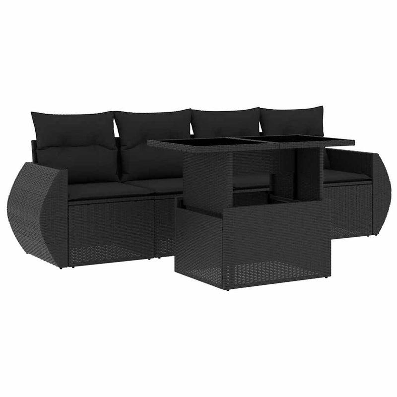 5 Piece Garden Sofa Set with Cushions Black Poly Rattan