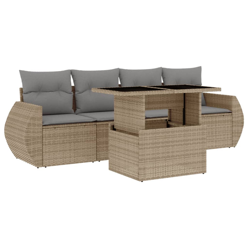 5 Piece Garden Sofa Set with Cushions Beige Poly Rattan