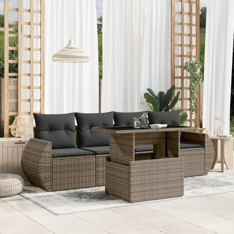 5 Piece Garden Sofa Set with Cushions Grey Poly Rattan