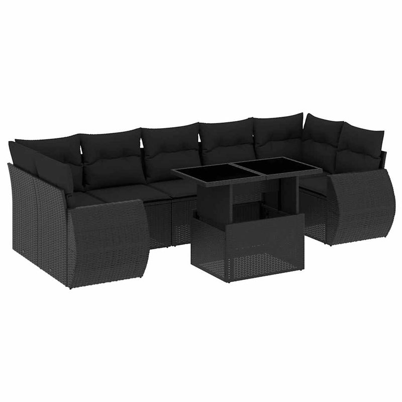 8 Piece Garden Sofa Set with Cushions Black Poly Rattan