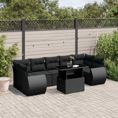 8 Piece Garden Sofa Set with Cushions Black Poly Rattan