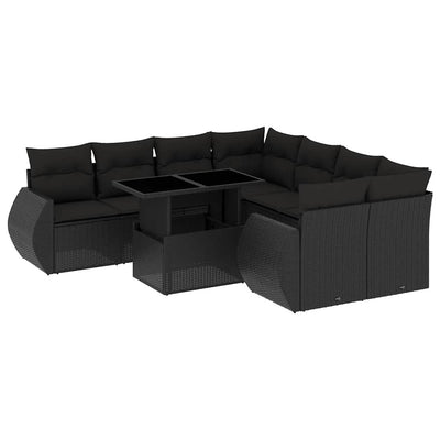 9 Piece Garden Sofa Set with Cushions Black Poly Rattan