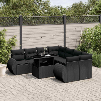 9 Piece Garden Sofa Set with Cushions Black Poly Rattan