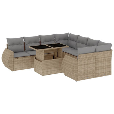 9 Piece Garden Sofa Set with Cushions Beige Poly Rattan