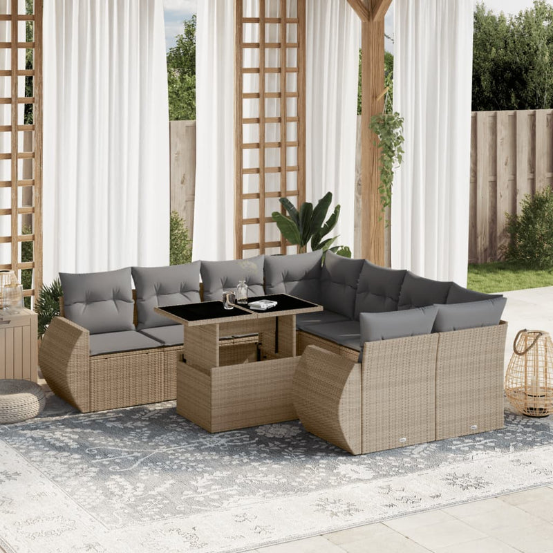 9 Piece Garden Sofa Set with Cushions Beige Poly Rattan