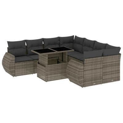 9 Piece Garden Sofa Set with Cushions Grey Poly Rattan