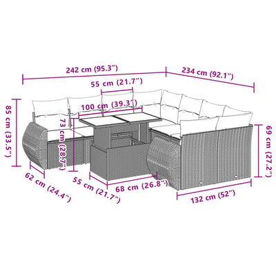 9 Piece Garden Sofa Set with Cushions Grey Poly Rattan