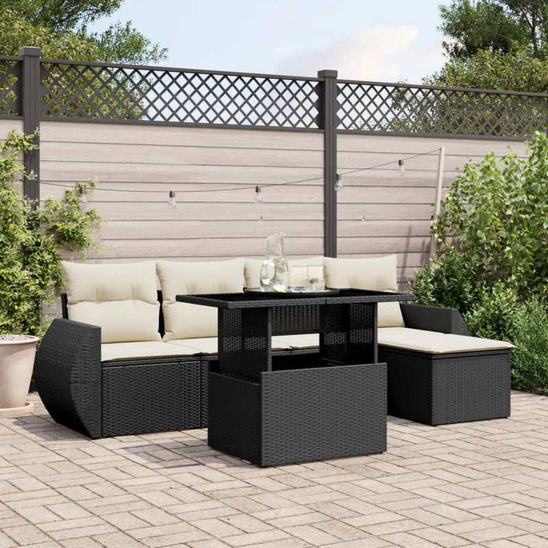 6 Piece Garden Sofa Set with Cushions Black Poly Rattan