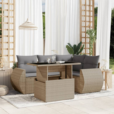 5 Piece Garden Sofa Set with Cushions Beige Poly Rattan