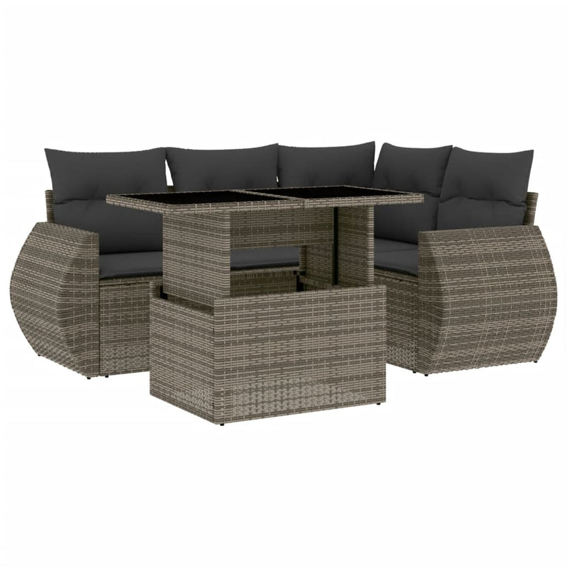 5 Piece Garden Sofa Set with Cushions Grey Poly Rattan